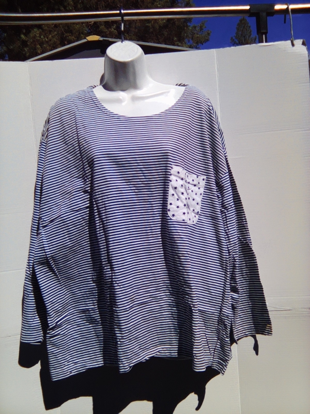 Women's Striped Long-Sleeve Top with Star Pocket - Blue & White